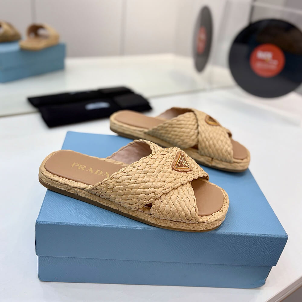 Prada Raffia crisscross slides